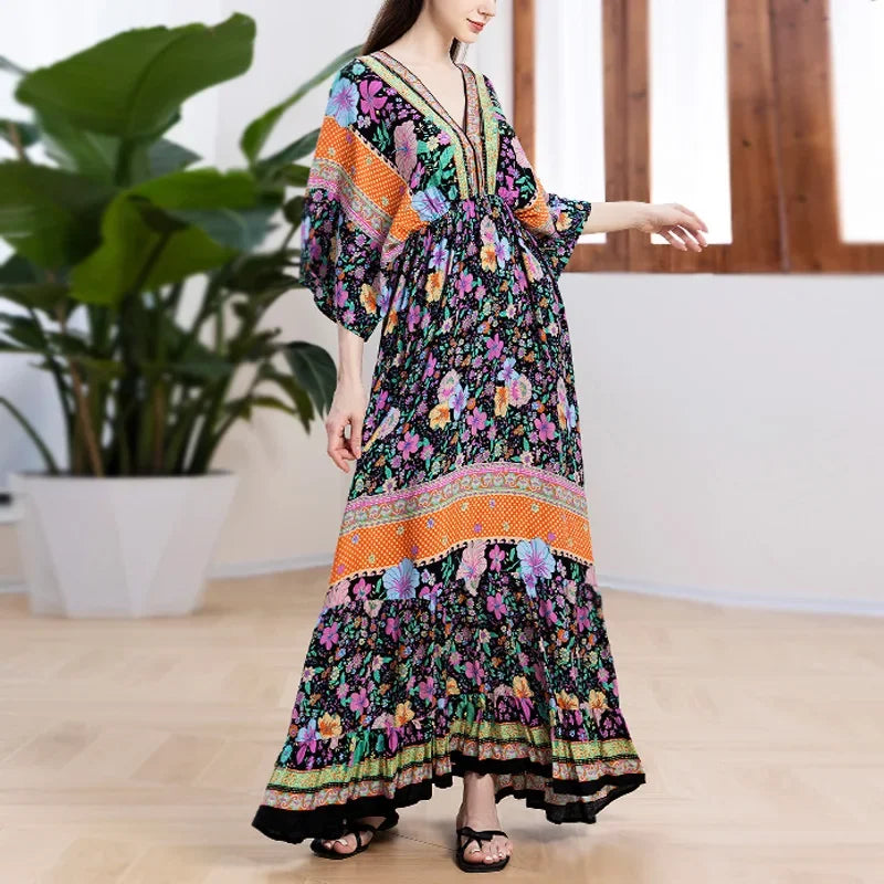 Deep V Neck Cotton Rayon Floral Printed Long Dress Summer Boho Beach Cover up Casual Loose Elastic Waist Maxi Dresses Women Robe