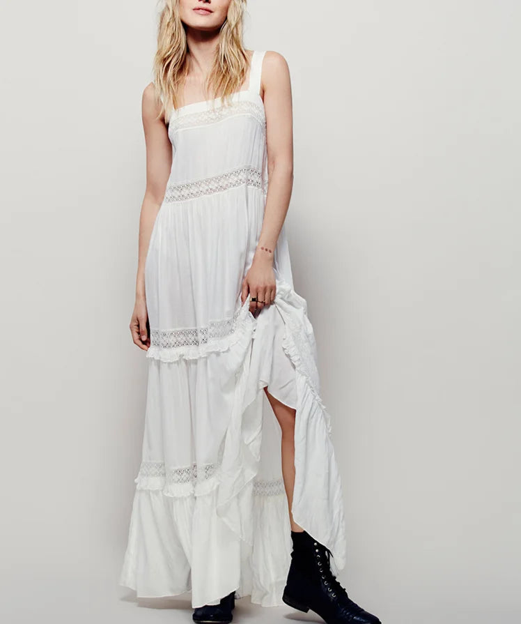 Bohemia White Cotton Lace Strap Long Dresses Women Vintage Casual Sleeveless Strap Dress Summer Holiday Boho Beach Party Robe