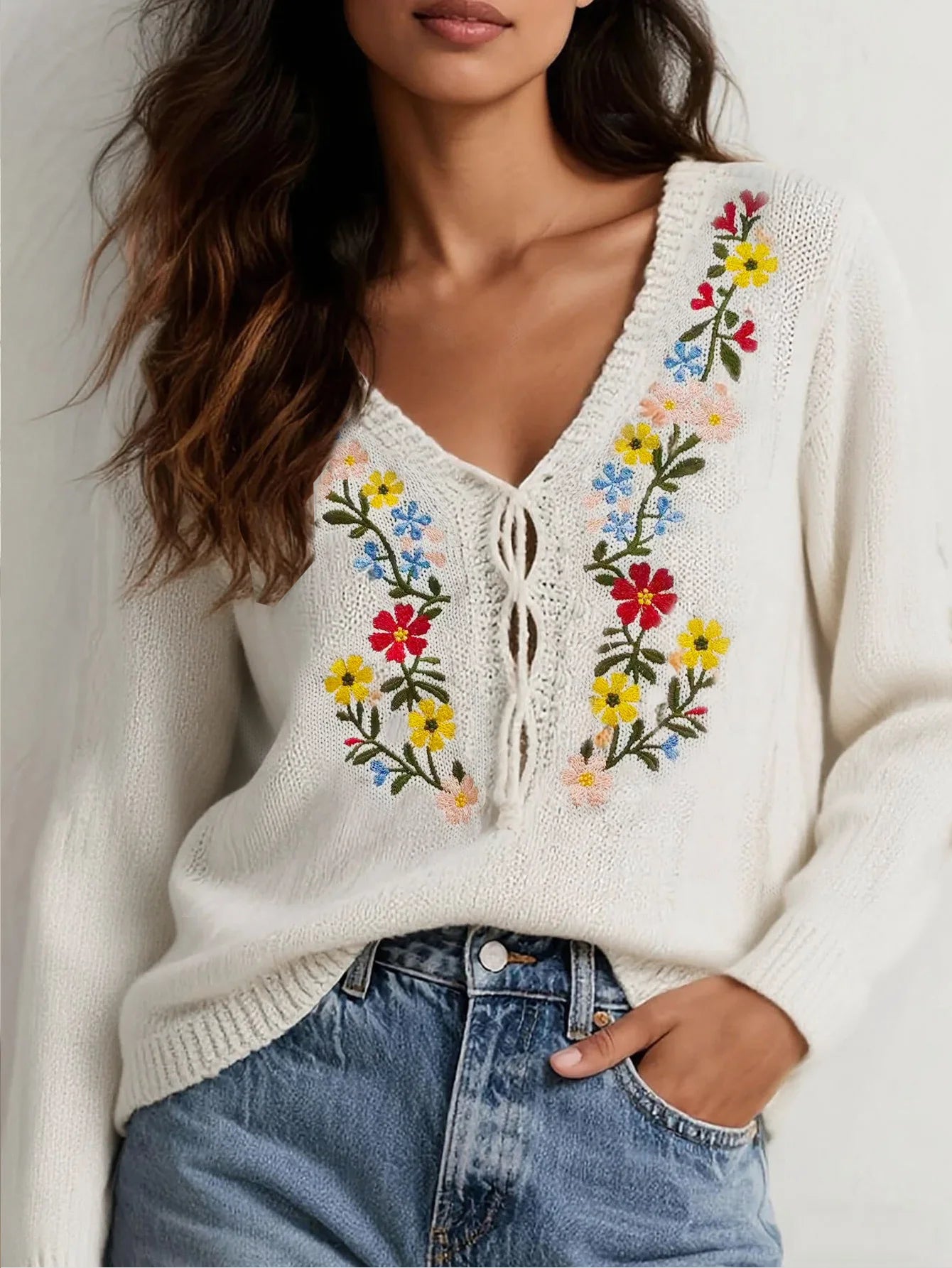 Bohemian Flower Embroidery Knitted Sweater Vintage Loose Sweaters for Women V Neck Spring Autumn Jumpers Boho Beach Pullovers