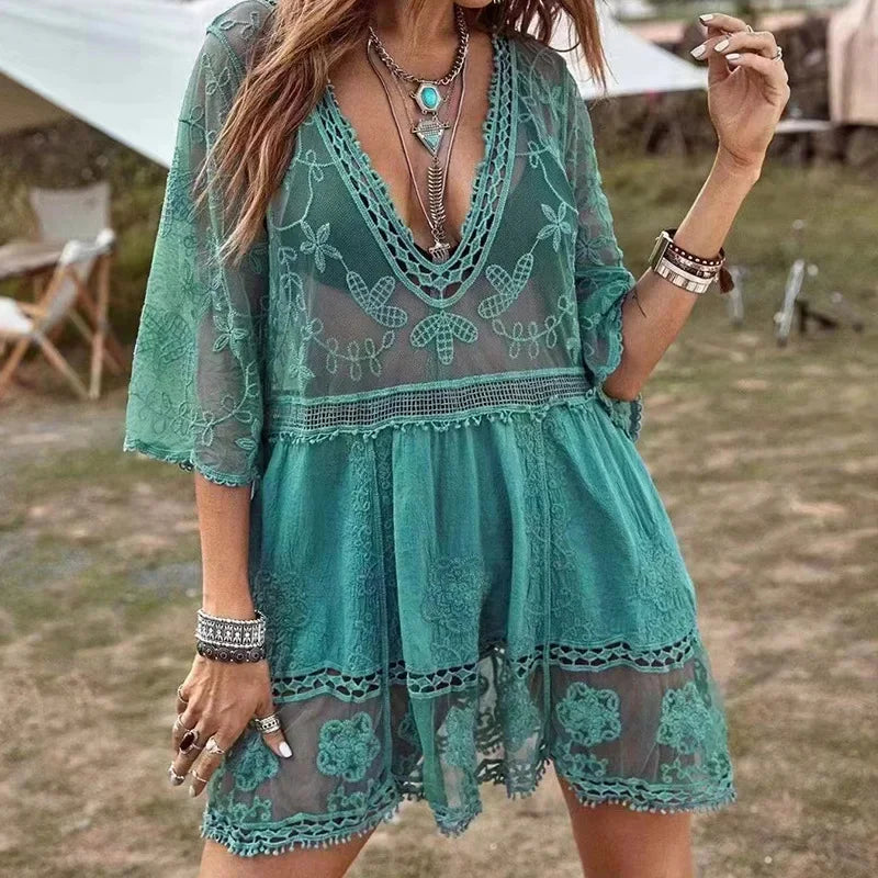 AYUALIN Floral Embroidery Loose Sexy Bikini Tunic Vintage Deep V-neck Boho Lace Cover-Ups Women Summer Mini Robe  Beach Wear