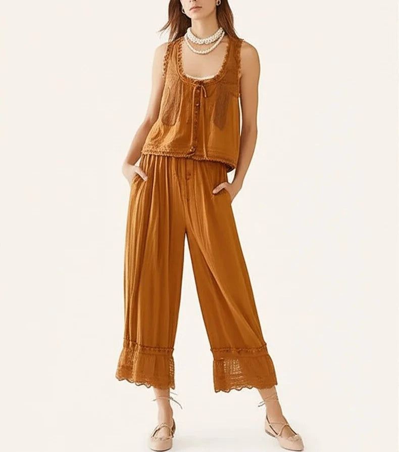 Summer Two-Piece Women's Lace Pant Sets Ruffles Tank Top Lotus Balloon Pants Suit Bed Casual Matching Set Boho Beach Free Style