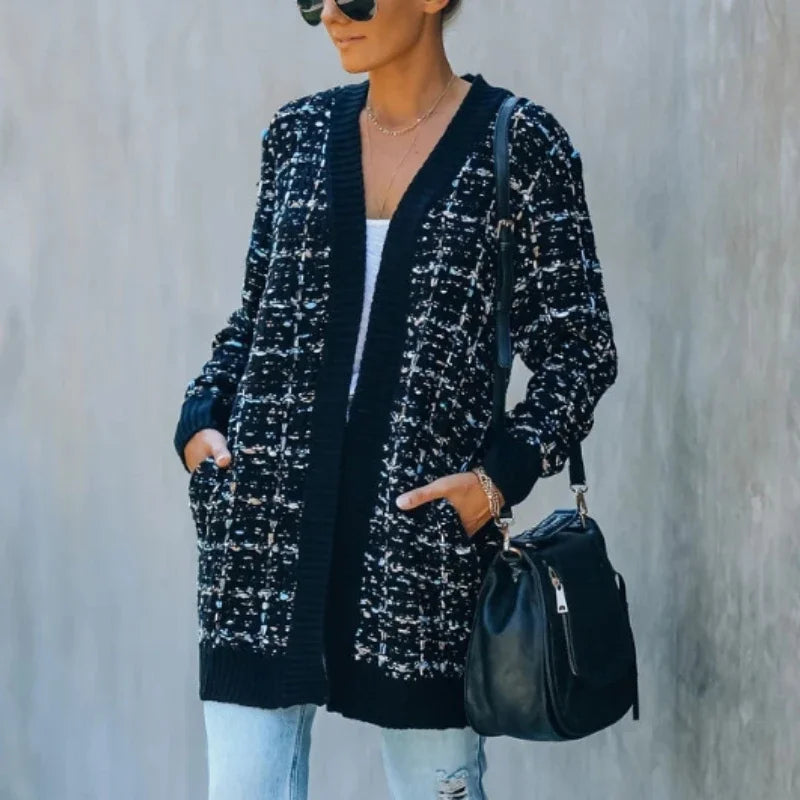 AYUALIN Women's Sweater Knitted Cardigan Winter Vintage Plaid Jacquard Knit Long Cardigans Knit Warm Sweaters Women Coats