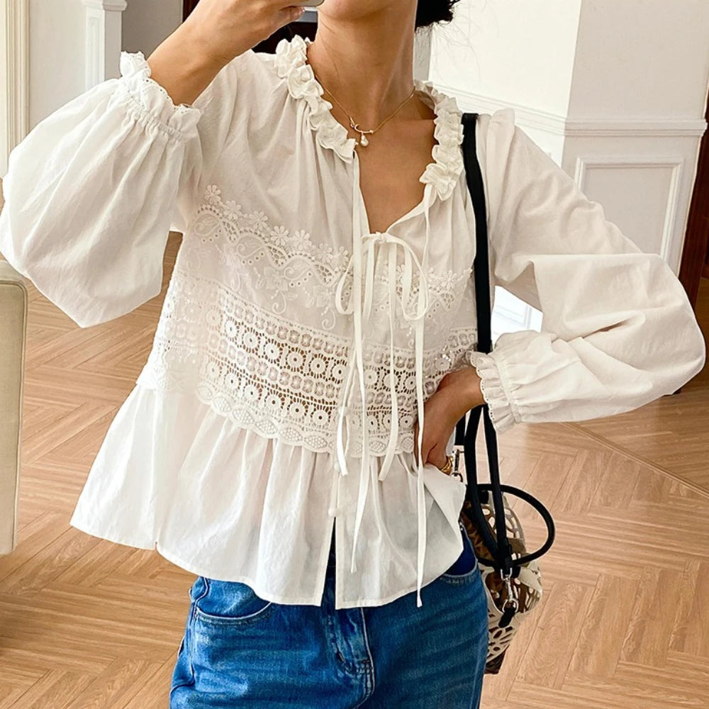 Boho Autumn Floral Lace Women's Shirt Puff Long Sleeve A-line Loose Blouses Shirts White 100% Cotton Lace-up Blouse Ladies Tops