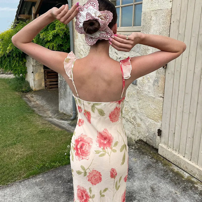 Chiffon Floral Print Long Dresses Women Elegant Slim Sweet Summer Dress Sexy Ruffles V-neck Strappy Vestidos Ladies Party Robe
