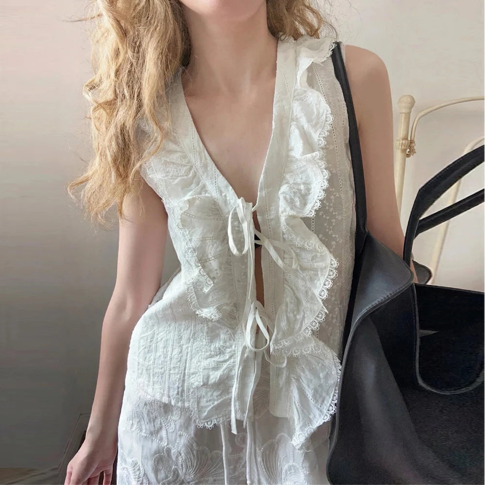 Cotton Floral Embroidered Blouse Shirt Casual Sleeveless V Neck Lace-up Boho Beach Summer Women's Blouses Layered Lace Shirt