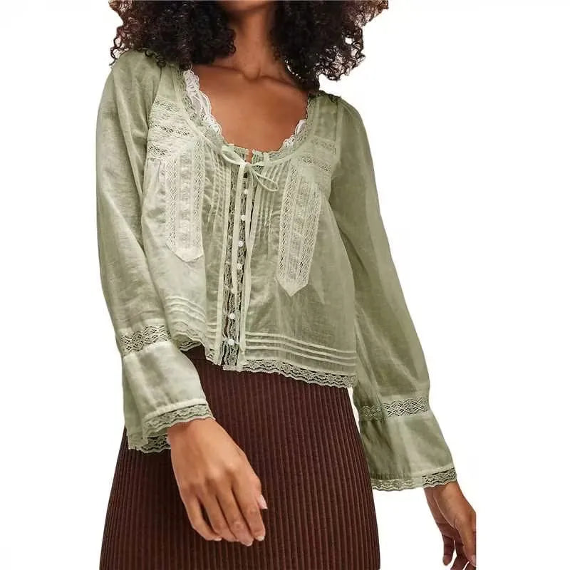 Flare Long Sleeve Loose Blouses Shirts For Women Free Style Cotton Lace Blouse Boho Beach Hippie Lightweight Ladies top Summer