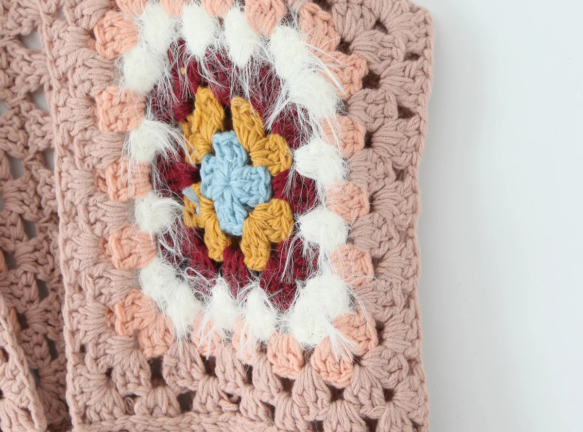 Ethnic Crochet Granny Square Vest Sweaters Women Coat Floral Hollow out knitted vest jacket Jumpers Autumn Spring Boho Sweater