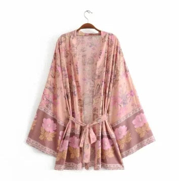 AYUALIN Short Kimono Cardigan Autumn Robe Yellow Floral Print Flare Long Sleeve Gypsy Beach Summer Loose Bohemian Women Blouses