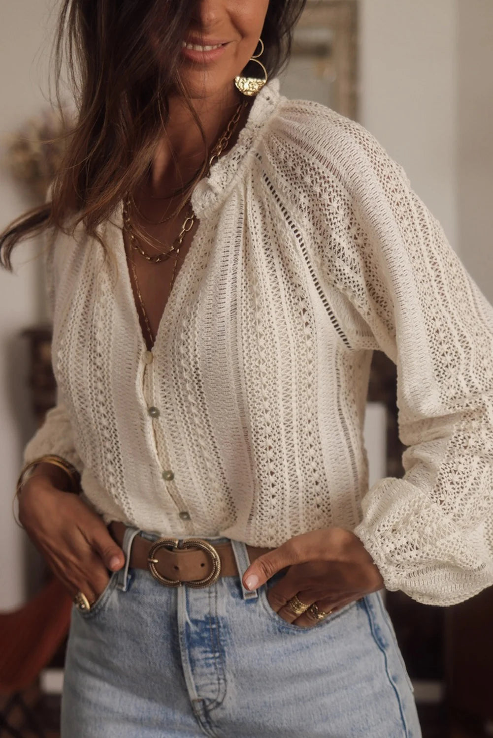AYUALIN Vintage Long Sleeve Blouses Summer Casual Elegant Ladies Blusas Boho Beach Hollow Out Lace Blouse Shirt for Women Top