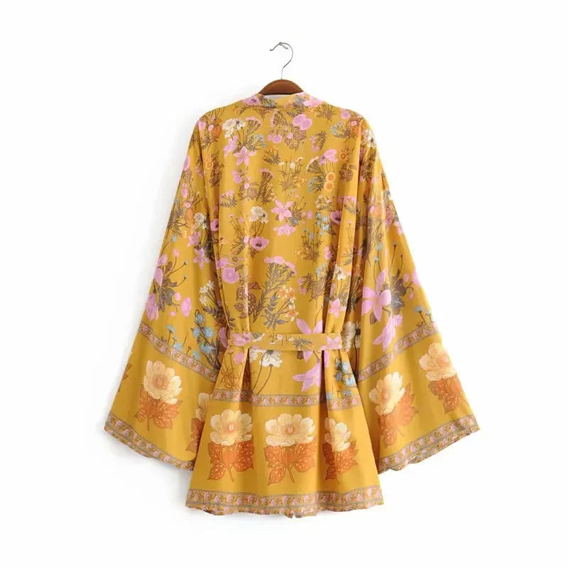 AYUALIN Short Kimono Cardigan Autumn Robe Yellow Floral Print Flare Long Sleeve Gypsy Beach Summer Loose Bohemian Women Blouses