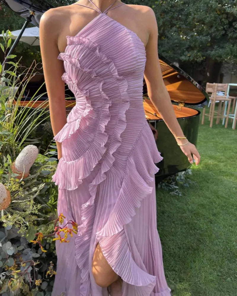 Elegant Chiffon Pleated Party Maxi Dresses Women Summer Neck-mounted Irregular Hem Sleeveless Dress Long Slim Ladies Vestidos