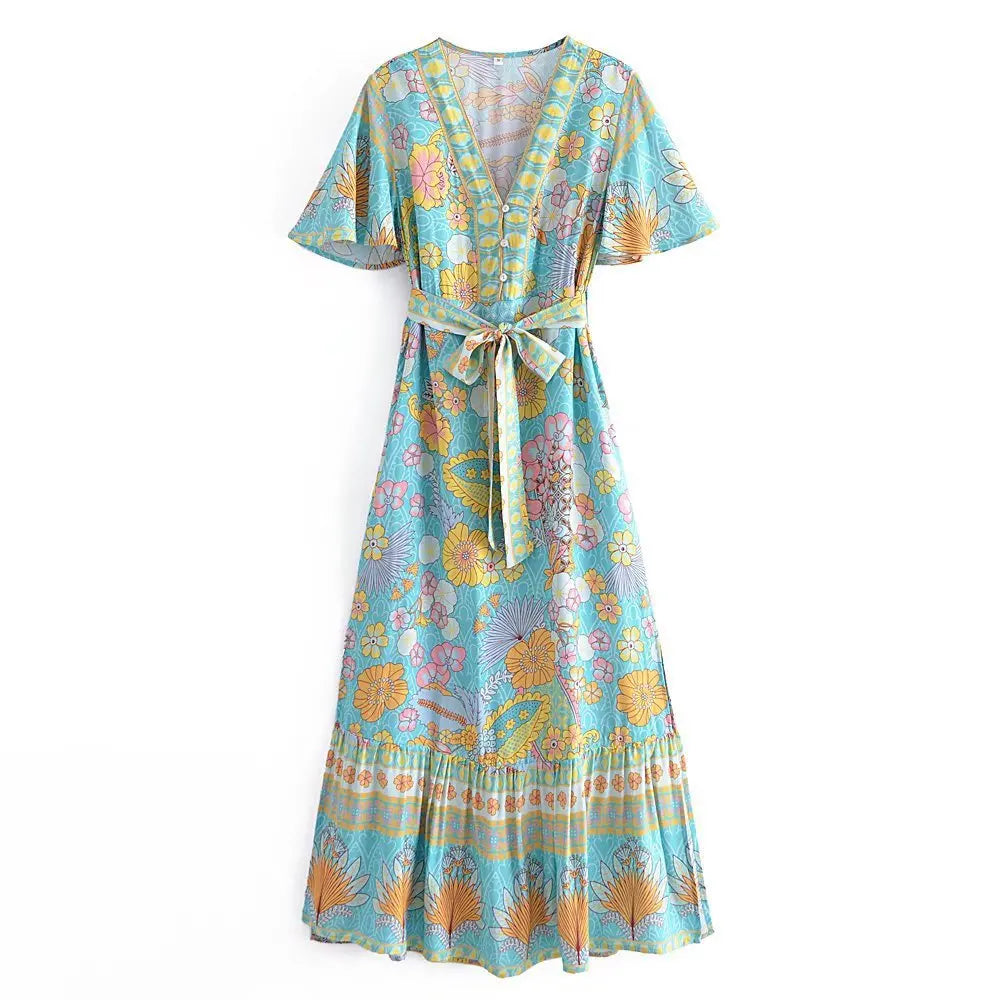 Cotton Rayon Butterfly Sleeves Maxi Dresses for Women Summer Vintage Printed Long Dress Boho Beach Wear Gypsy Robe Vestidos