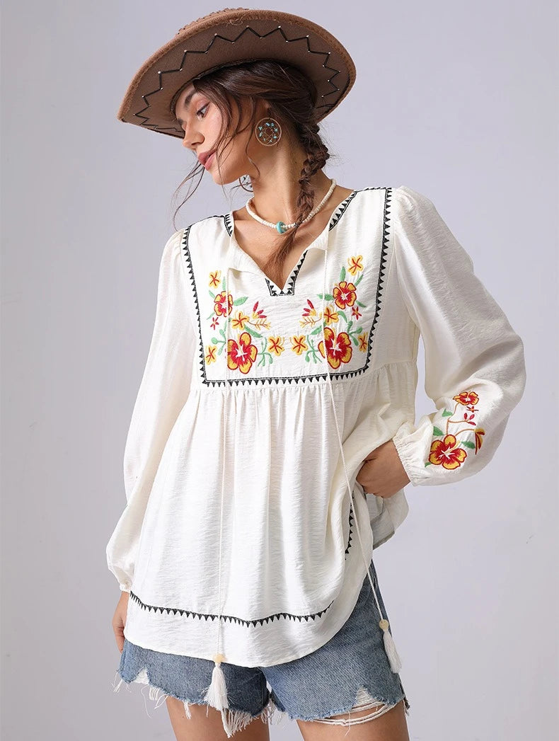 Ethnic Floral Embroidery Blouses Shirts For Women Top Casual V-neck Tassel Long Sleeve Boho Beach Blouse Spring Summer blusas