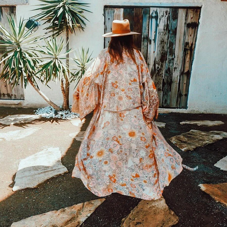 AYUALIN Kimono Cardigan Gypsy Robe for Women Floral Print Flare Sleeve Boho Blouse Shirt Beach Wear Long Summer Blouses Blusas
