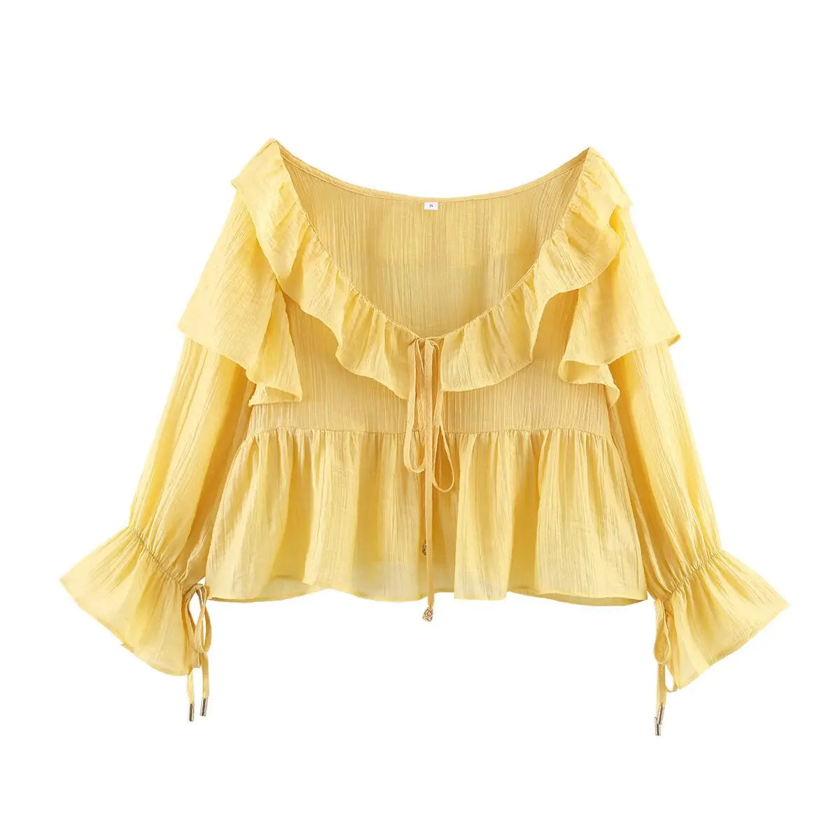 Ruffle Off Shoulder Lace-up Blouses Shirts Women Tops Yellow Casual Ruffles Flare Sleeves Spring Summer Blouse Boho Beach Shirt