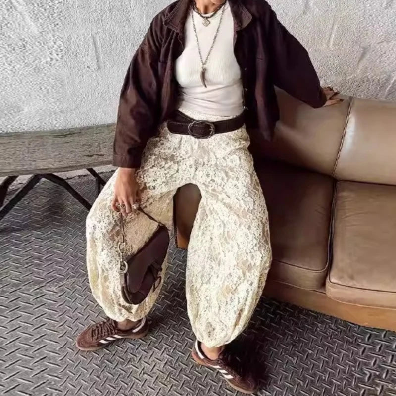 Lace Bloomers Pants for Women Casual Loose Elastic Waist Trousers Spring Summer Long Pants Boho Beach Creamy-white Baggy Pants