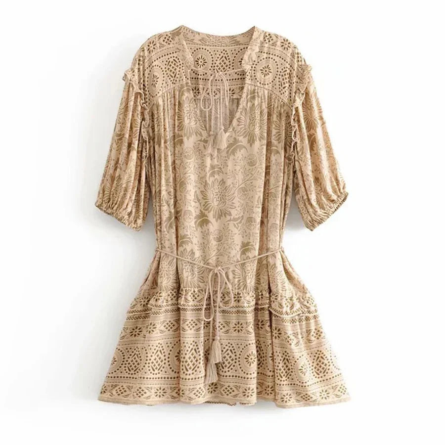 AYUALIN Mini Women Dresses Ruffle Short Sleeve Oversize Loose Boho Rayon Floral Print Autumn Dresses A-line Gypsy Dress Vestidos