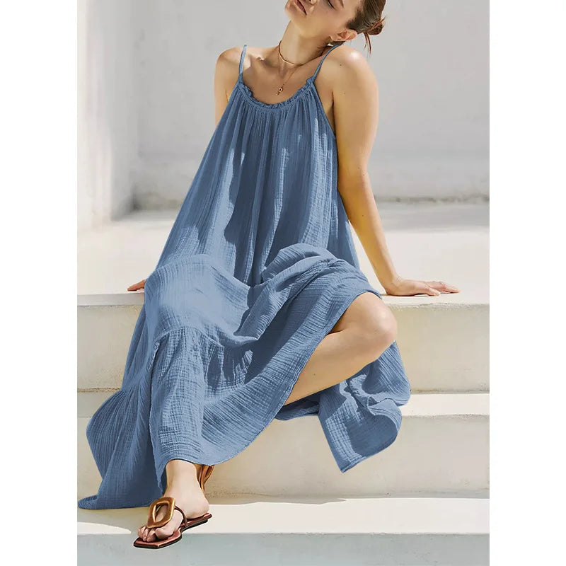 100% Cotton Bohemian Long Dress for Women Robe Casual Loose Sexy Backless Sleeveless Summer Boho Beach Wear Relaxed Vestidos