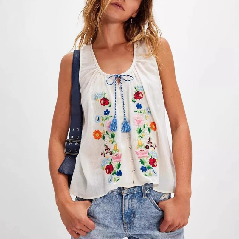 Cotton Floral Embroidered Tank Top Sleeveless Blouses Shirts for Women Casual Tassel Summer Blouse Boho Beach Camis Blusas Tops