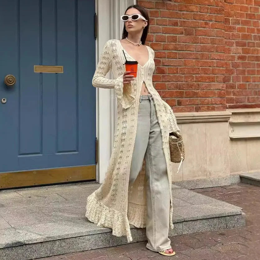 Cotton Knitted Hollow Out Dress Summer Flare Long Sleeve Cardigan Maxi Dresses Women Robe Vintage Slim Fit Boho Beach Vestidos