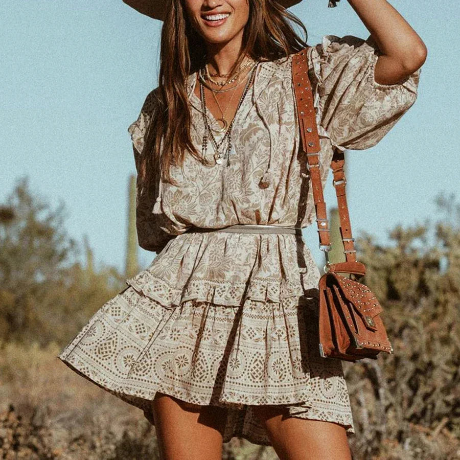 AYUALIN Mini Women Dresses Ruffle Short Sleeve Oversize Loose Boho Rayon Floral Print Autumn Dresses A-line Gypsy Dress Vestidos