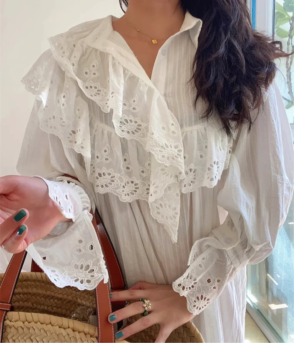Flare Long Sleeve Ruffles Dress For Women Robe Cotton White Floral Embroidery Lace Dresses Oversize Casual  Autumn Boho Vestidos
