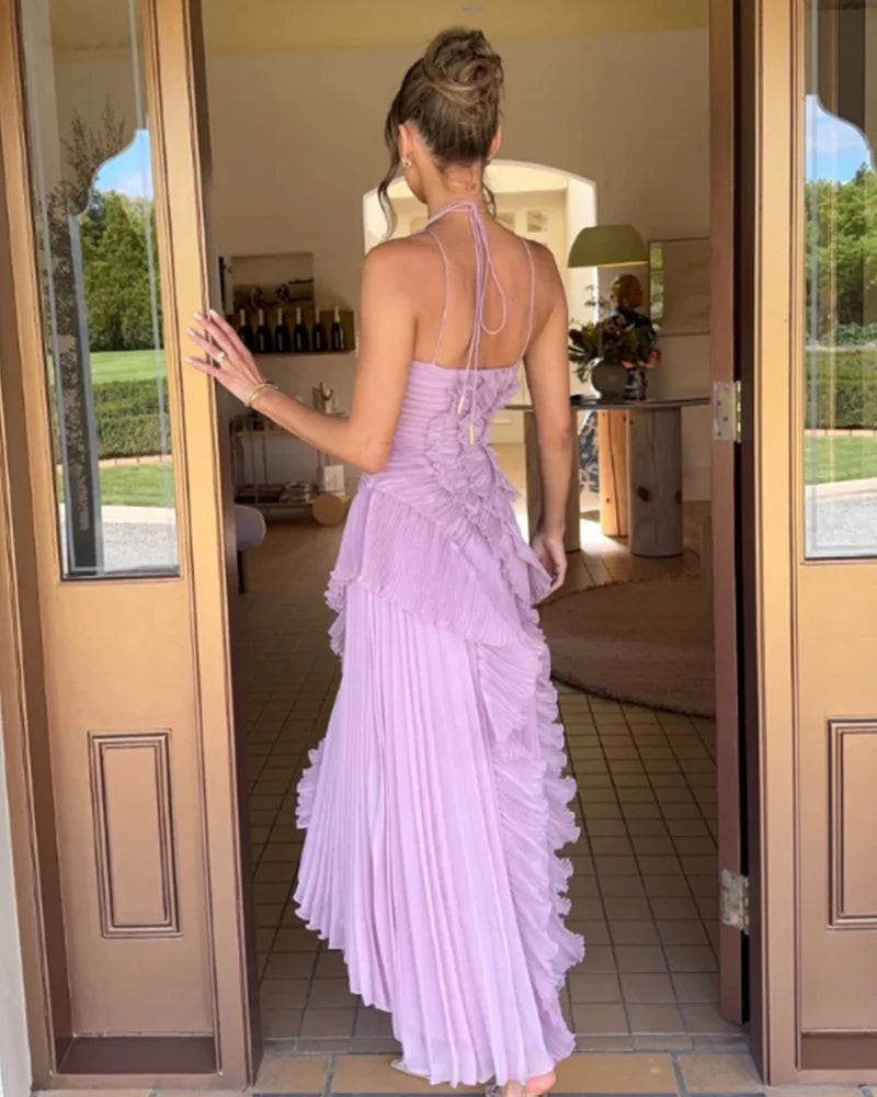 Elegant Chiffon Pleated Party Maxi Dresses Women Summer Neck-mounted Irregular Hem Sleeveless Dress Long Slim Ladies Vestidos