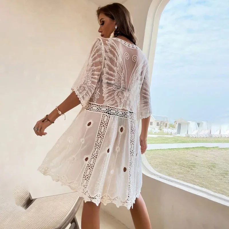 AYUALIN White Lace Cardigan See Through Long Blouse Women Bikini Cover Up Vintage Sexy Boho Beach Summer Vestido Smock Robe