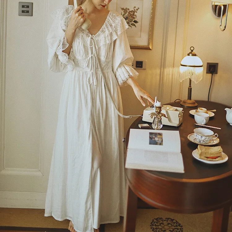 Gypsy Boho Lace Puff Long Sleeve Dresses Women Vintage 100%cotton Loose Sleepwear Dress Good Night Spring Summer Vestidos Robe