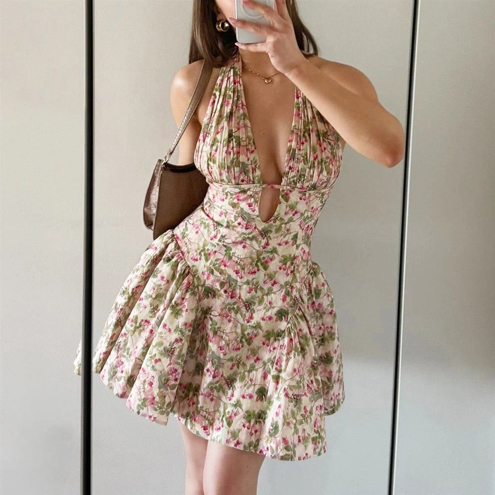 Sexy Deep V-neck Backless Mini Dresses Women Summer Cinched Waist Vintage Halter Neckline Sweet Spicy Girl  Boho Beach Dress