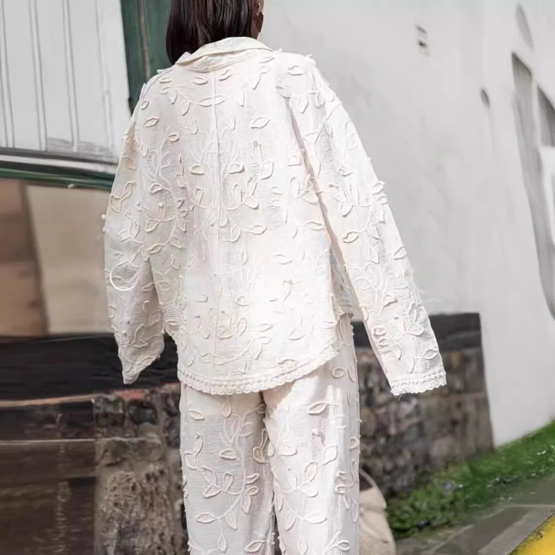 Boho Long Sleeved Blouse Shirt Wide Leg Pants Lace Women Suit White Cotton Foral Jacquard 2 pieces Set Lazy Loose Casual Outfits