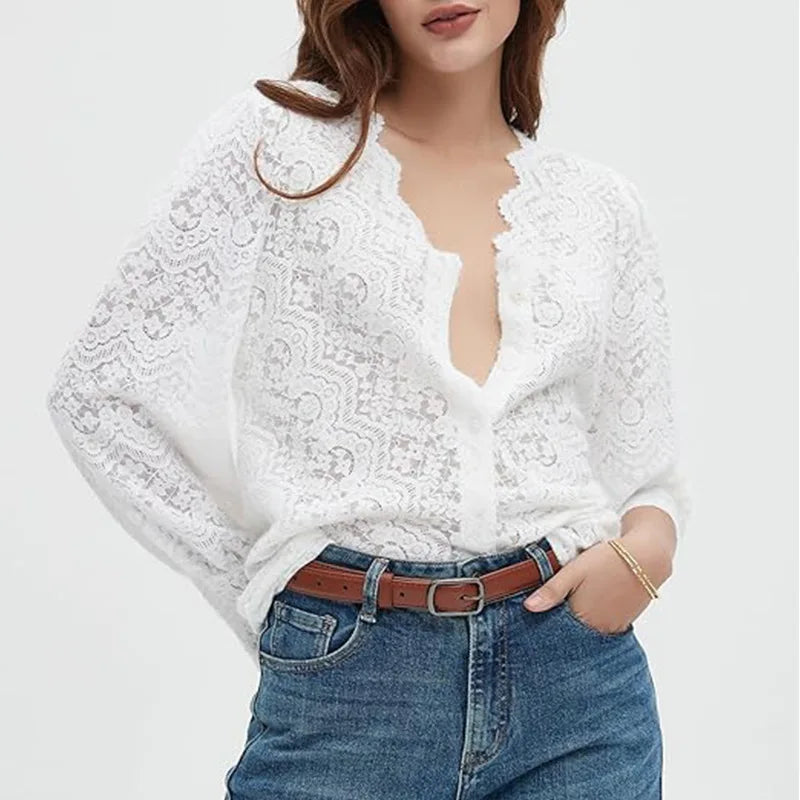 Elegant White Floral Lace Blouses Shirts For Women Boho Long Sleeve Sexy V Neck Vintage Ladies Tops Casual Blouse Shirt Blusas