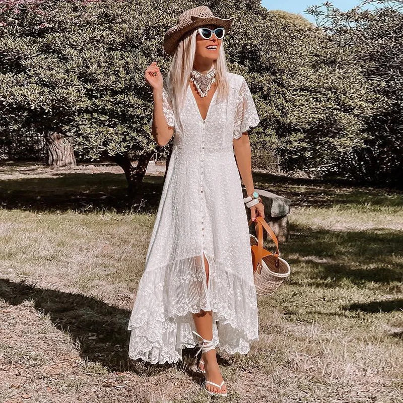 Bohemia Lace Maxi Dresses Women Party Vintage V Neck Elastic Waist Summer Dress Soft Chiffon Ruffles Boho Beach Ladies Vestidos