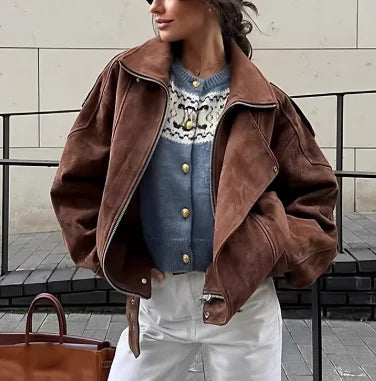 Oversize Brown Premium Suede Jacket for Women Coats Spring Autumn Long Sleeve Leather Fashion Short Jackets Casual Top Outwear