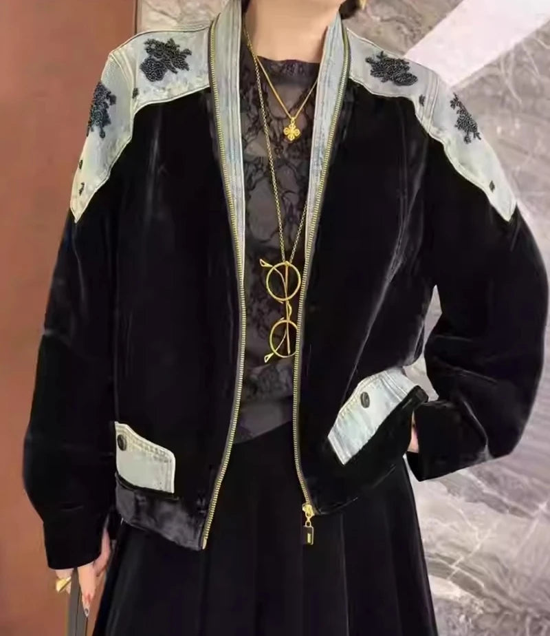 Vintage Velvet Coat Jacket for Women Autumn Patchwork Denim Long Sleeve V Neck Jackets Bead Embroidery Elegant Outerwear Coats