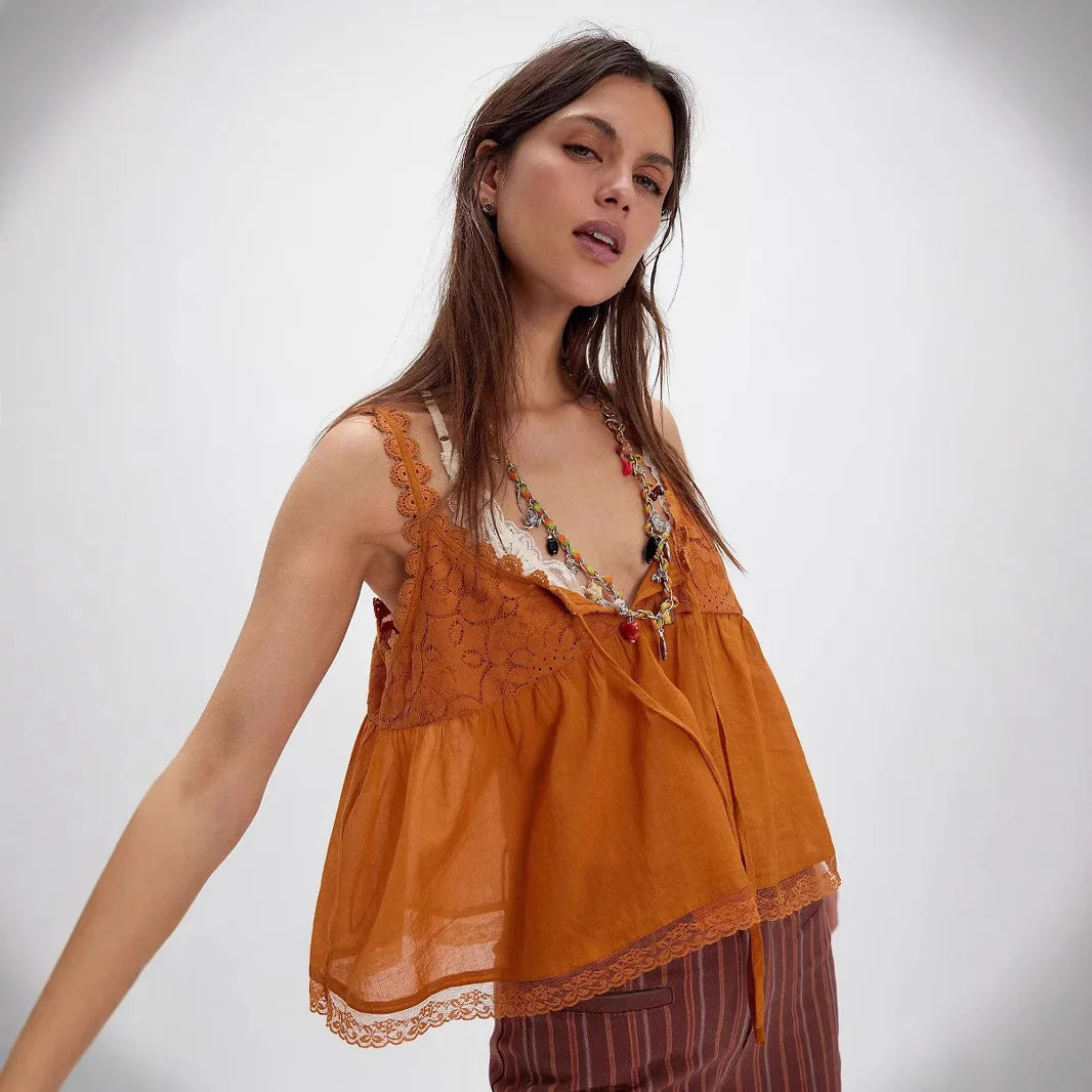 Bohemia Sleeveless Strap Blouse Lace Tank Top Women Casual Cotton Lace-up Deep V Neck Boho Beach Summer Blouses Shirts Tops
