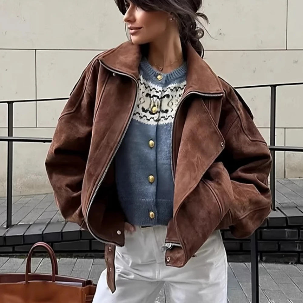 Brown Retro Maillard Jackets for Women Coats Cool Lapel Suede Motorcycle Jacket Autumn Winter Warm Loose Short Coat Outwear