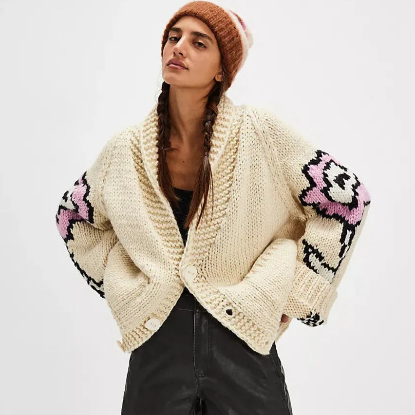 Oversize Casual Floral embroidery Long Sleeve Knitted Sweater For Women Pullover Loose Boho Autumn Winter Warm Sweaters jumpers