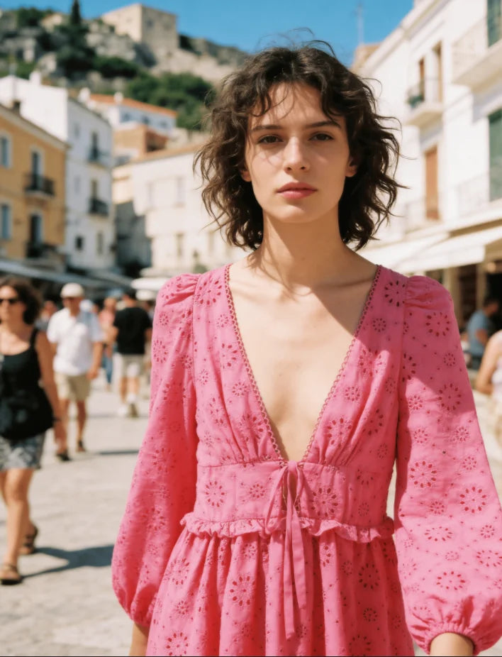 Cotton Floral Embroidered Lace Mini Dresses Women's Robe Vintage Hollow Out Sexy Deep V-neck Puff Long Sleeved Party Women Dress