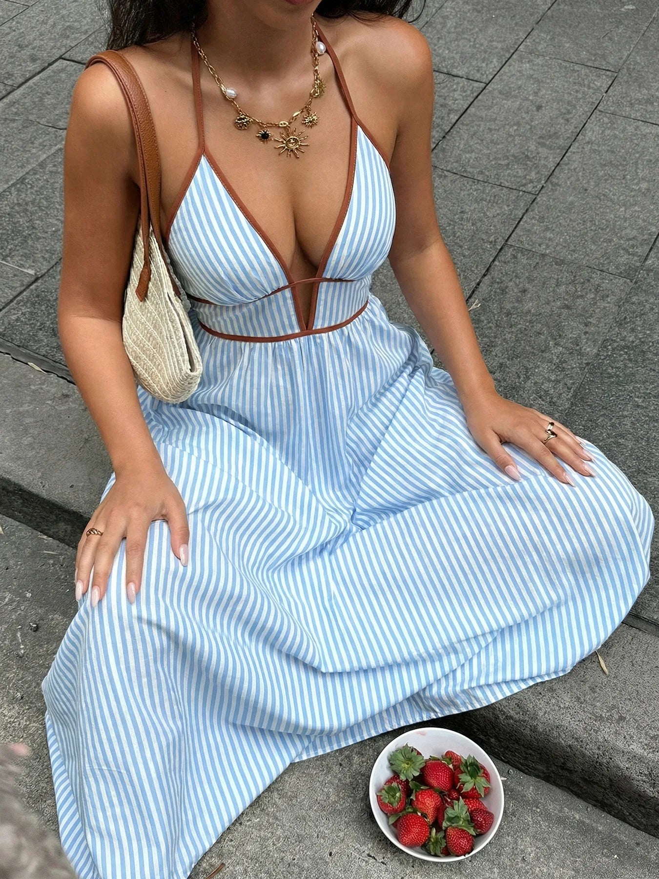 Backless Sleeveless Deep V-Neck Maxi Dress for Women Robe Cotton Linen Striped Long Summer Dresses Boho Beach Party Vestidos