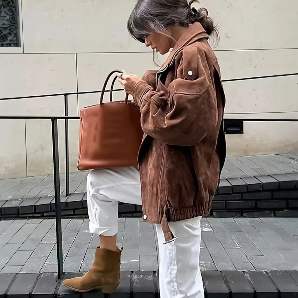 Brown Retro Maillard Jackets for Women Coats Cool Lapel Suede Motorcycle Jacket Autumn Winter Warm Loose Short Coat Outwear