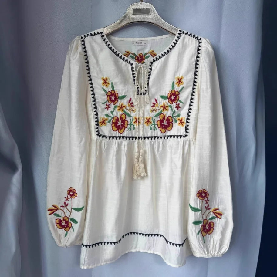 Ethnic Floral Embroidery Blouses Shirts For Women Top Casual V-neck Tassel Long Sleeve Boho Beach Blouse Spring Summer blusas