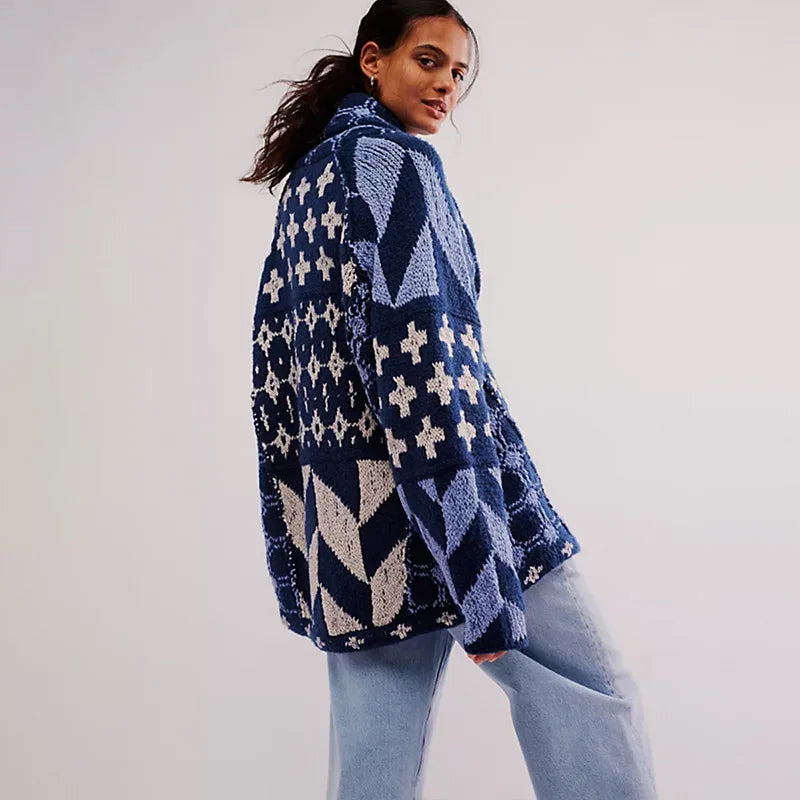 Chic Ethnic Pattern Embroidery Women Sweaters Cardigan Casual Loose Oversize Loose Vintage Knitted Autumn Winter Warm Coats