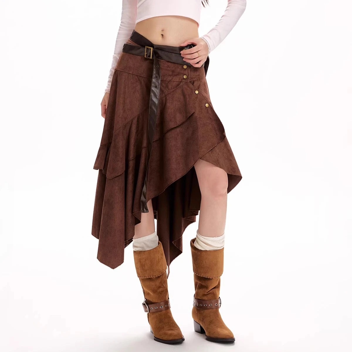 Bohemian Hippie Suede Skirts for Women Vintage Irregular Ruffled Edge Belt Skirt Autumn Winter A-line Boho Beach Leather Faldas