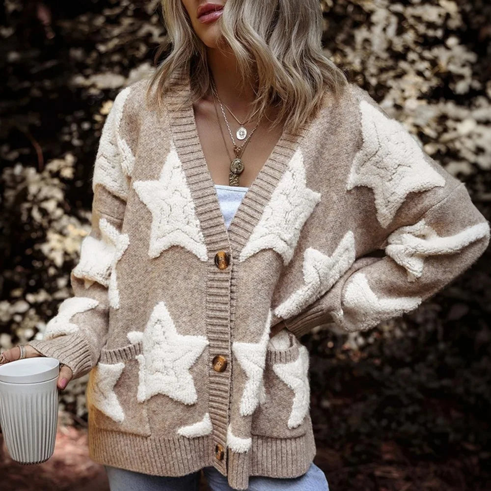 Casual Knitted Thick Autumn Winter Warm Sweaters Coat for Women Jacket Star Pattern Long Sleeve Loose Ovesize Sweater Cardigan