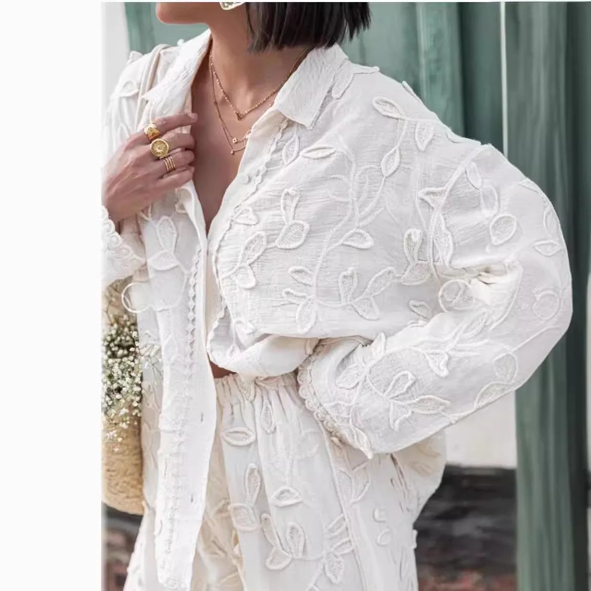 Boho Long Sleeved Blouse Shirt Wide Leg Pants Lace Women Suit White Cotton Foral Jacquard 2 pieces Set Lazy Loose Casual Outfits