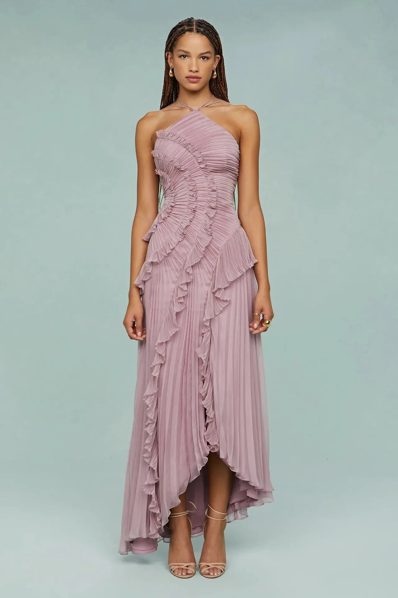 Elegant Chiffon Pleated Party Maxi Dresses Women Summer Neck-mounted Irregular Hem Sleeveless Dress Long Slim Ladies Vestidos