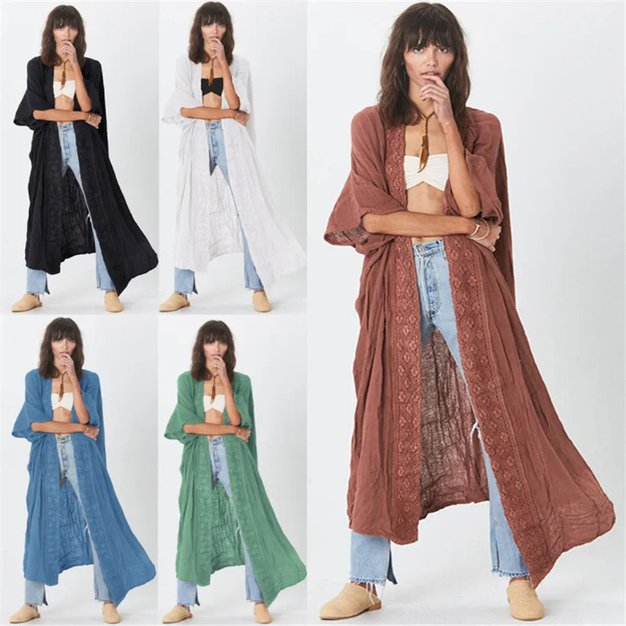 Cotton Rayon Boho Beach Wear Bikini Swim Cover Up Women Kimono Robe Summer Vintage dress Boho Splice lace Loose Long Blouse