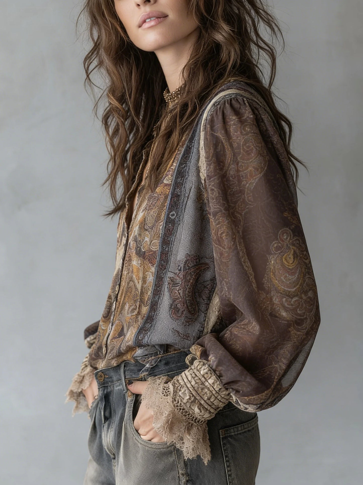 Loose Long Sleeve V Neck Blouses Shirts Women Tops Vintage Chiffon Floral Printed Splice Lace Boho Beach Blouse Ladies Spring