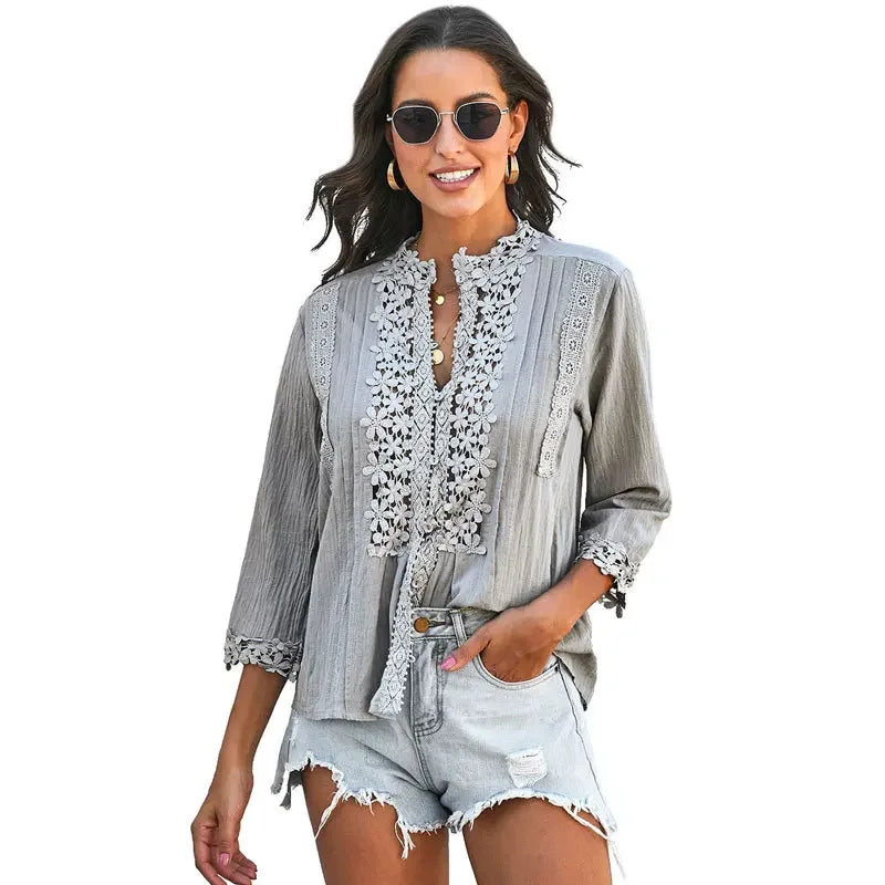 AYUALIN deep v neck lace blouse shirt women tops vintage splice lace Spring Summer blouses boho beach femme Shirts casual Blusas